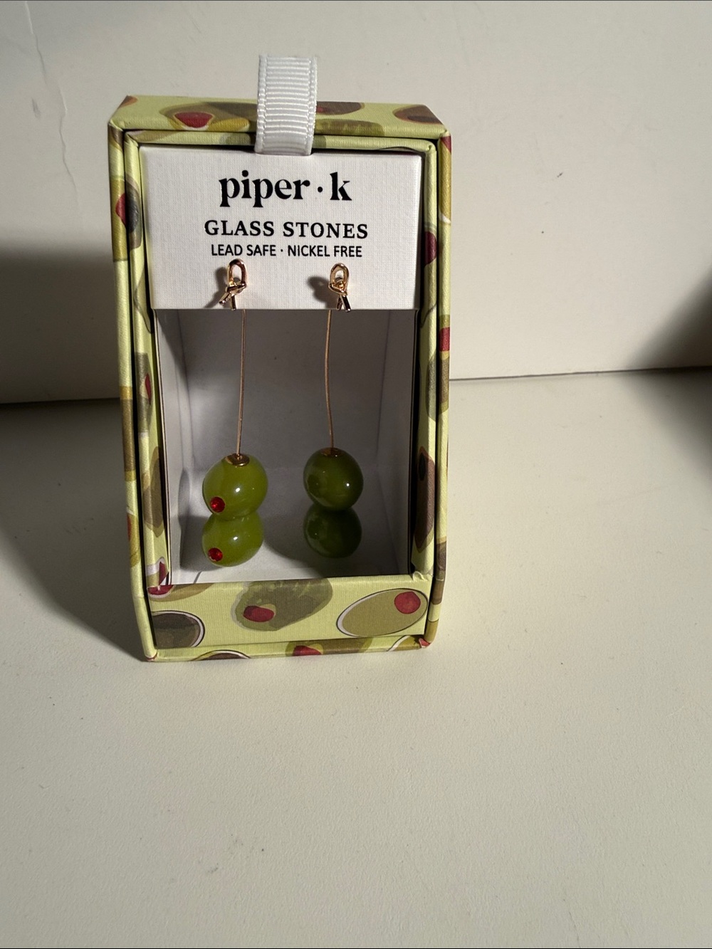 Piper Olive Glass Bead Dangle Earrings with Tiny Red Accents